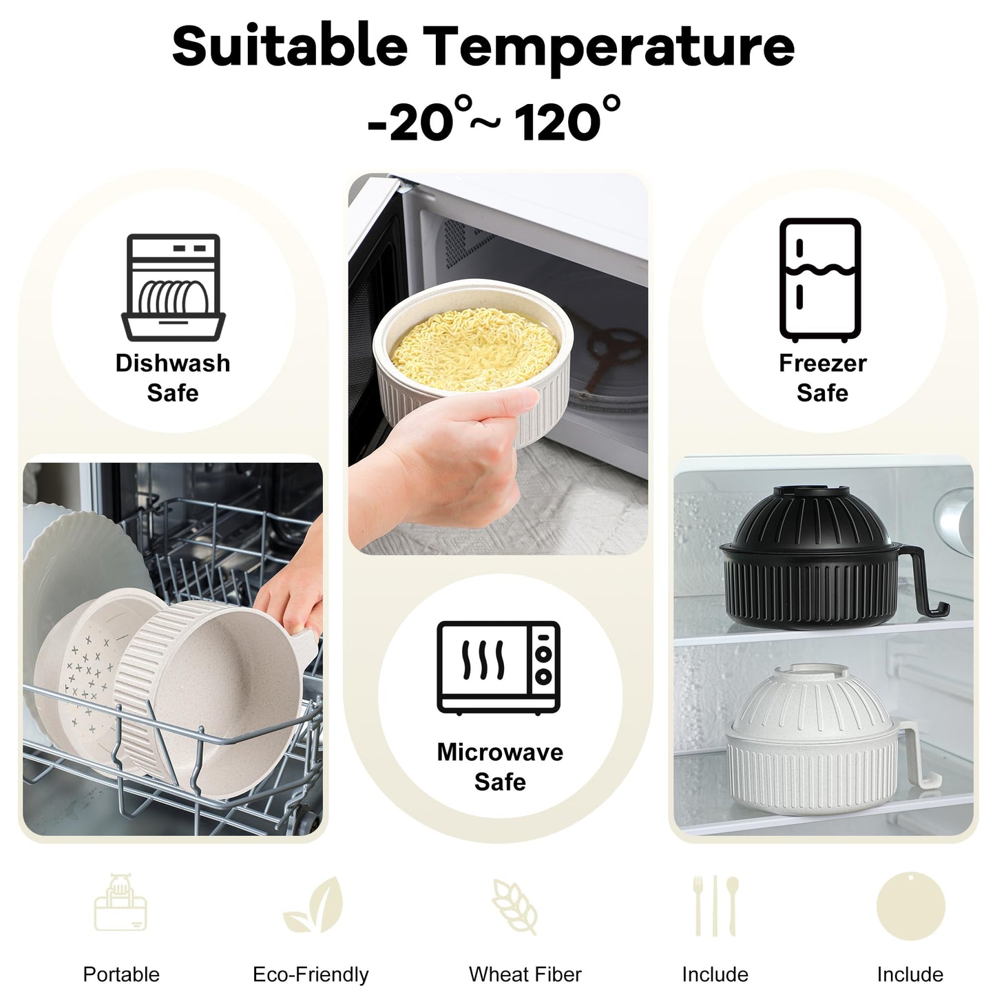 Ramen Bowl with Handles, 2 Set Wheat Fiber Ramen Cooker Microwave with Strainer, 34oz Noodle Bowl with Pot Mat Spoon Chopsticks Fork for Home, School, Office, Dorm, Picnic or Gift