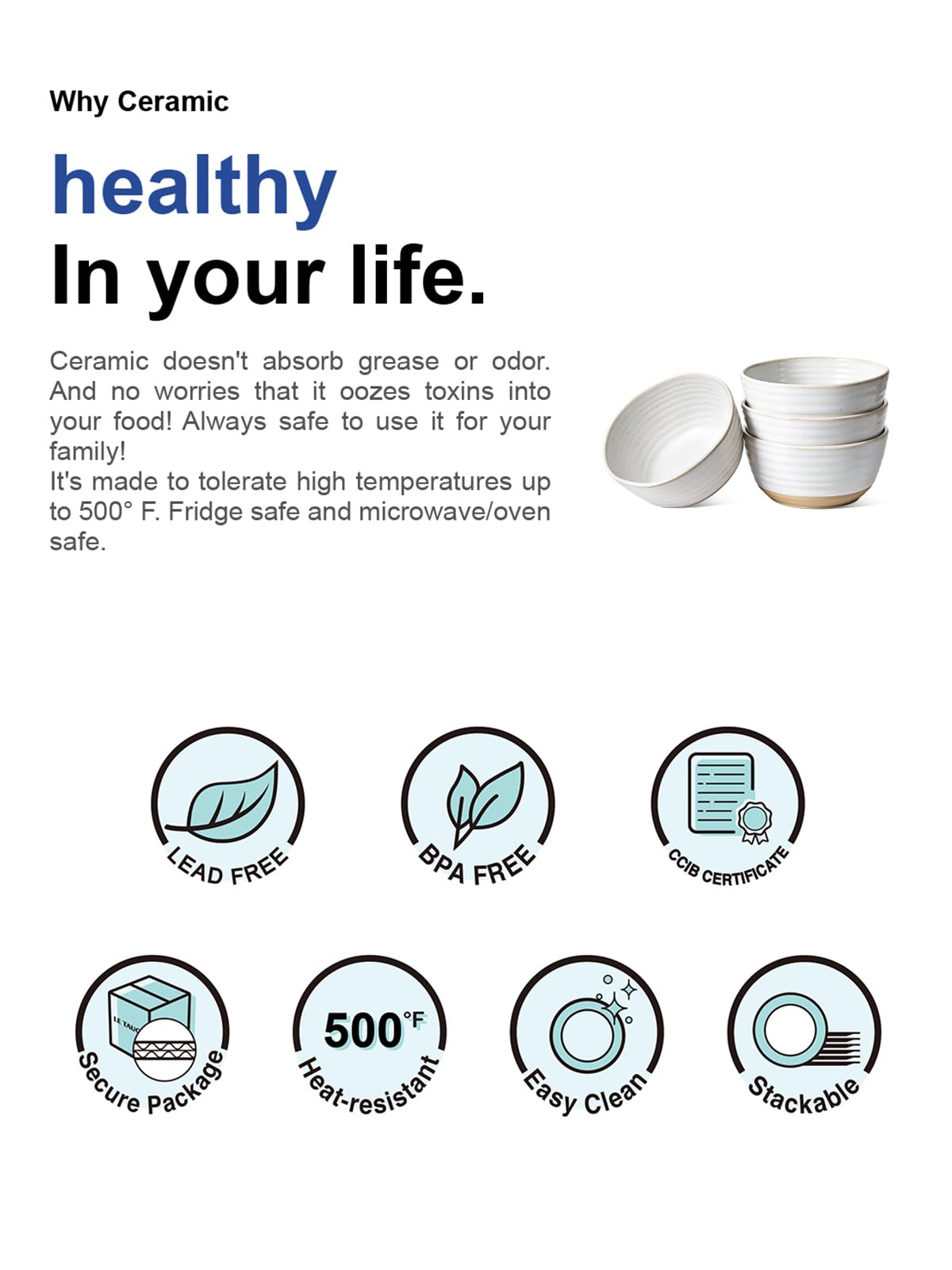 LE TAUCI Cereal Bowls Set of 4, Ceramic Soup Bowl 28 oz, Stoneware Kitchen Bowl for Pho, Chip, Fruit, Salad, Noodle, Ramen, Dishwasher Oven Microwave Safe - 6 Inch, Arctic white