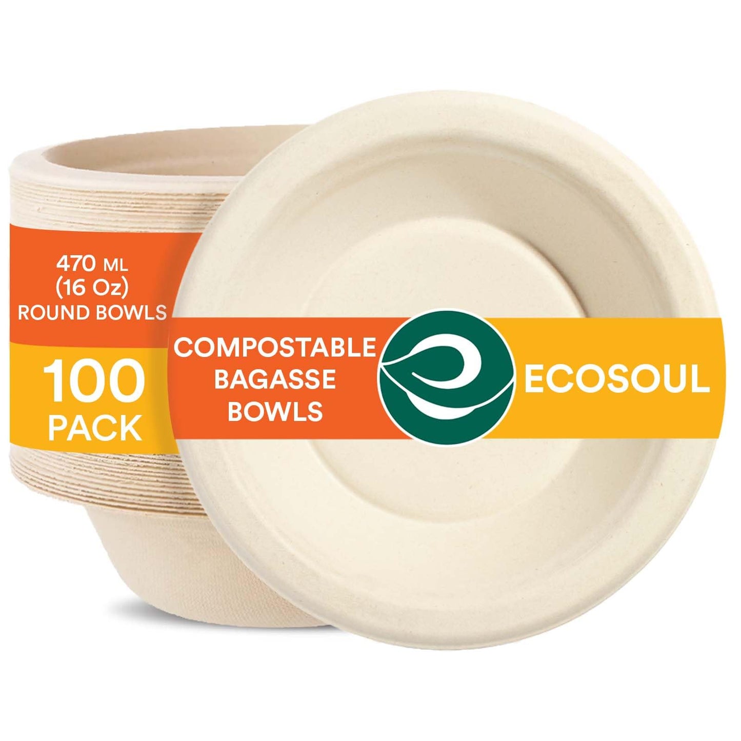 ECO SOUL 100% Compostable 16 Oz Soup Bowls [100-Pack] Disposable dessert bowls I Heavy duty paper bowl I Eco-friendly salad bowl I Biodegradable large Bowls