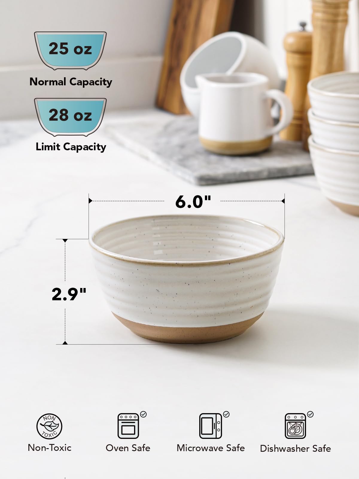 LE TAUCI Cereal Bowls Set of 4, Ceramic Soup Bowl 28 oz, Stoneware Kitchen Bowl for Pho, Chip, Fruit, Salad, Noodle, Ramen, Dishwasher Oven Microwave Safe - 6 Inch, Arctic white
