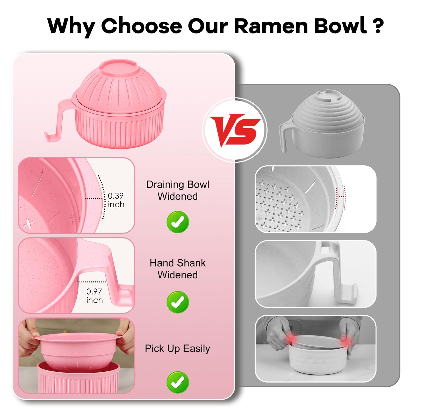 Ramen Bowl with Handles, 2 Set Wheat Fiber Ramen Cooker Microwave with Strainer, 34oz Noodle Bowl with Pot Mat Spoon Chopsticks Fork for Home, School, Office, Dorm, Picnic or Gift
