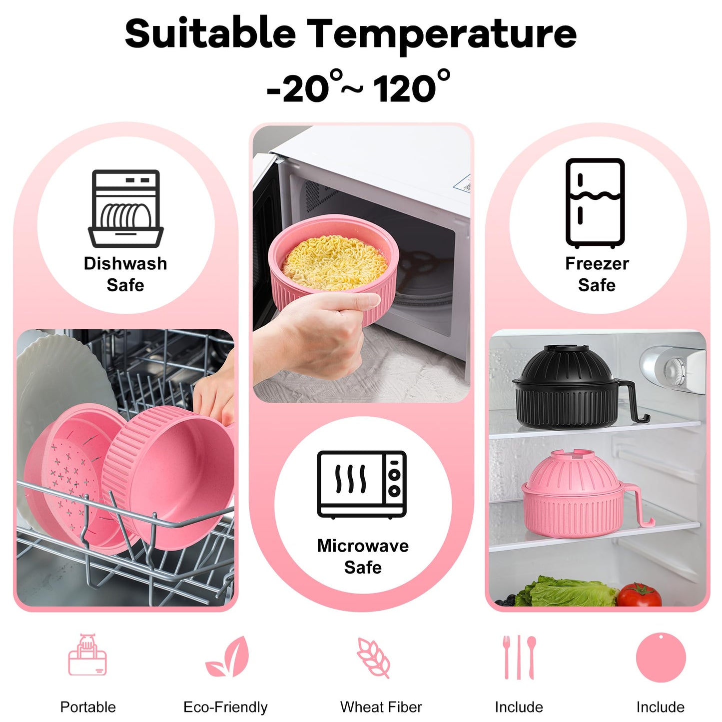 Ramen Bowl with Handles, 2 Set Wheat Fiber Ramen Cooker Microwave with Strainer, 34oz Noodle Bowl with Pot Mat Spoon Chopsticks Fork for Home, School, Office, Dorm, Picnic or Gift