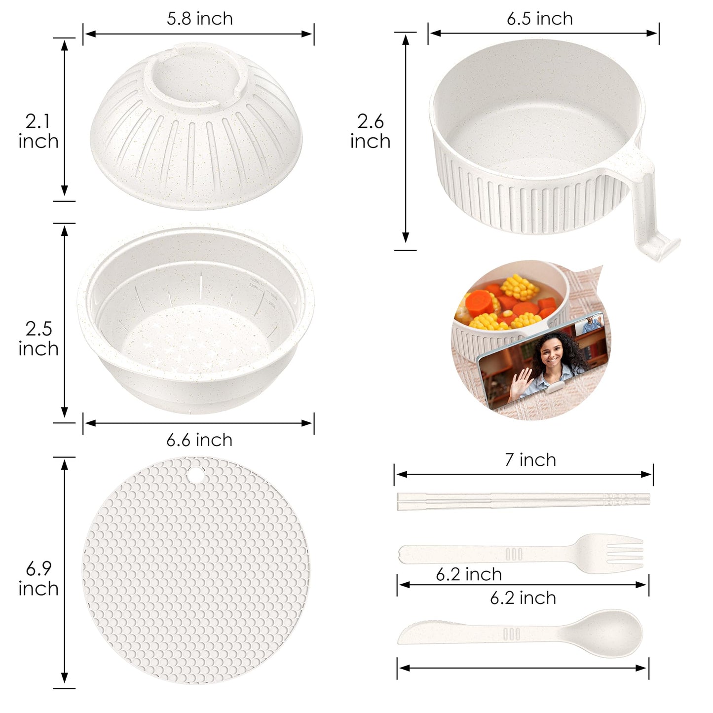 Ramen Bowl with Handles, 2 Set Wheat Fiber Ramen Cooker Microwave with Strainer, 34oz Noodle Bowl with Pot Mat Spoon Chopsticks Fork for Home, School, Office, Dorm, Picnic or Gift