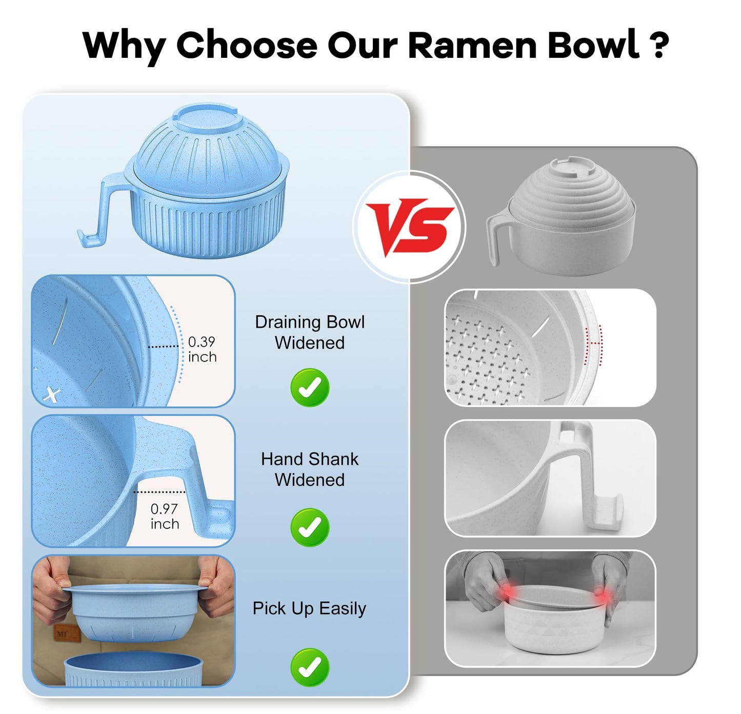 Ramen Bowl with Handles, 2 Set Wheat Fiber Ramen Cooker Microwave with Strainer, 34oz Noodle Bowl with Pot Mat Spoon Chopsticks Fork for Home, School, Office, Dorm, Picnic or Gift