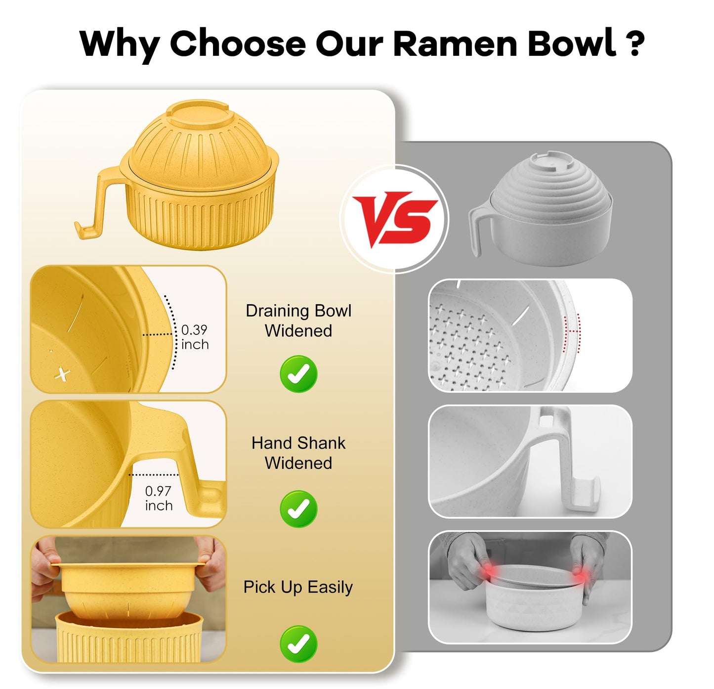 Ramen Bowl with Handles, 2 Set Wheat Fiber Ramen Cooker Microwave with Strainer, 34oz Noodle Bowl with Pot Mat Spoon Chopsticks Fork for Home, School, Office, Dorm, Picnic or Gift