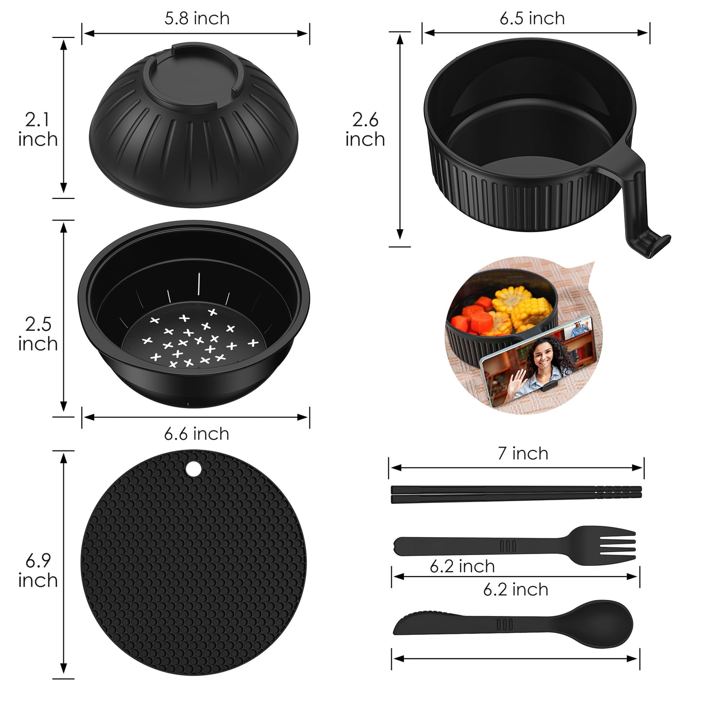 Ramen Bowl with Handles, 2 Set Wheat Fiber Ramen Cooker Microwave with Strainer, 34oz Noodle Bowl with Pot Mat Spoon Chopsticks Fork for Home, School, Office, Dorm, Picnic or Gift