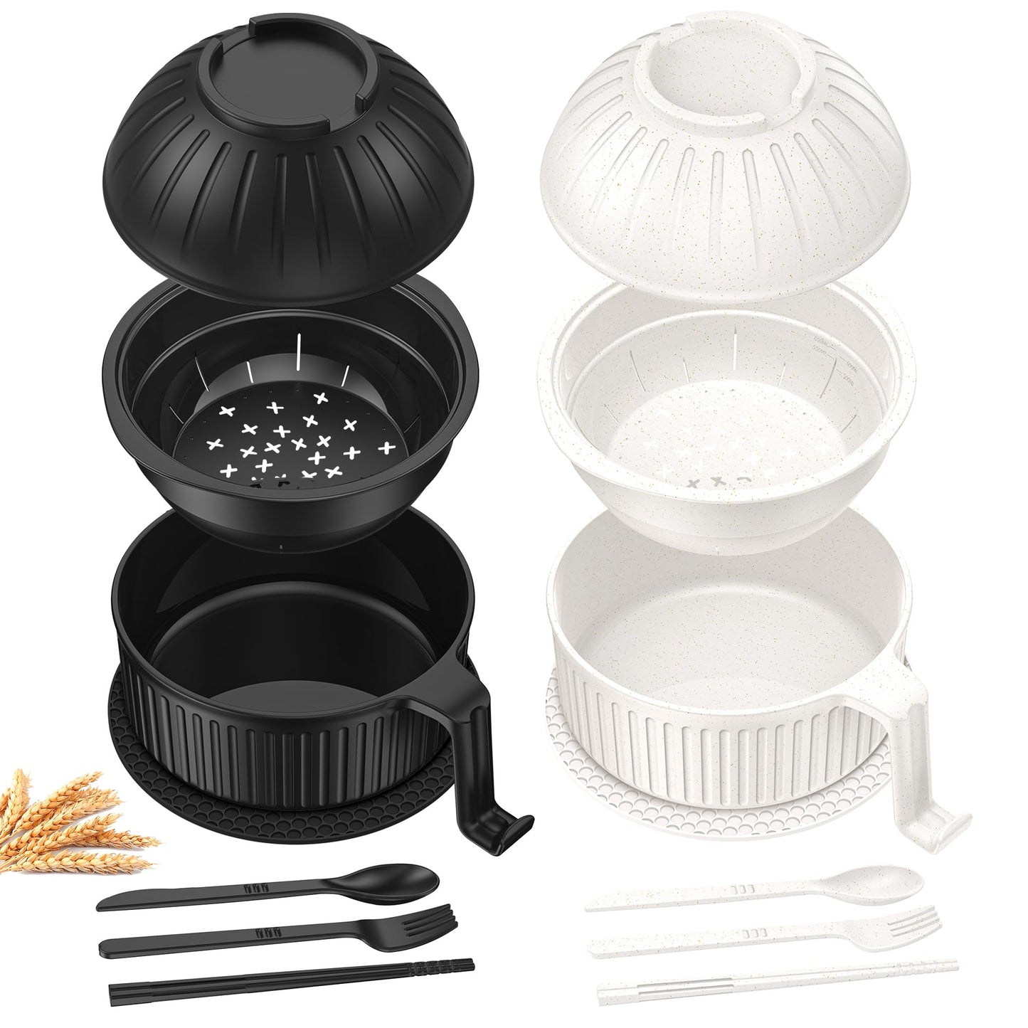 Ramen Bowl with Handles, 2 Set Wheat Fiber Ramen Cooker Microwave with Strainer, 34oz Noodle Bowl with Pot Mat Spoon Chopsticks Fork for Home, School, Office, Dorm, Picnic or Gift