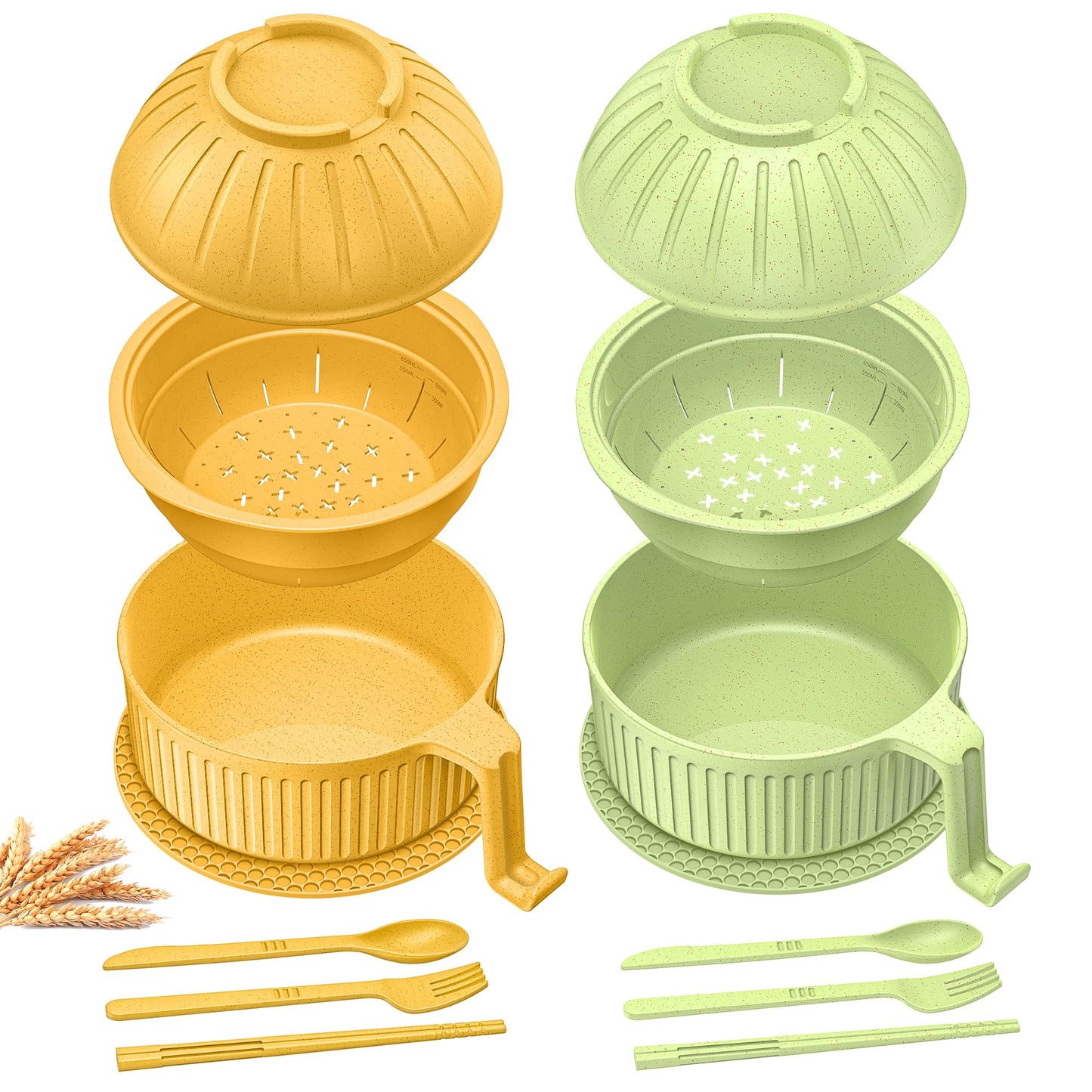 Ramen Bowl with Handles, 2 Set Wheat Fiber Ramen Cooker Microwave with Strainer, 34oz Noodle Bowl with Pot Mat Spoon Chopsticks Fork for Home, School, Office, Dorm, Picnic or Gift