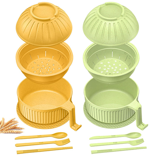 Ramen Bowl with Handles, 2 Set Wheat Fiber Ramen Cooker Microwave with Strainer, 34oz Noodle Bowl with Pot Mat Spoon Chopsticks Fork for Home, School, Office, Dorm, Picnic or Gift