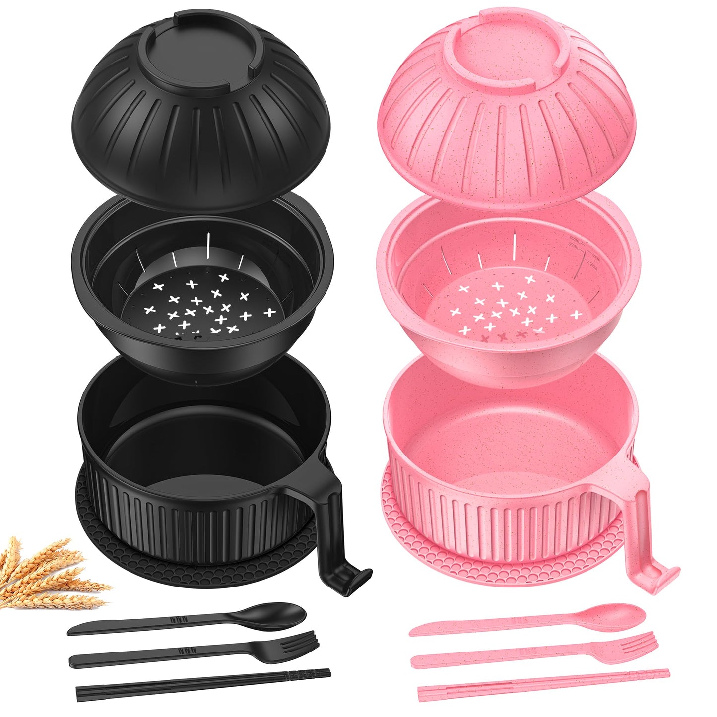 Ramen Bowl with Handles, 2 Set Wheat Fiber Ramen Cooker Microwave with Strainer, 34oz Noodle Bowl with Pot Mat Spoon Chopsticks Fork for Home, School, Office, Dorm, Picnic or Gift