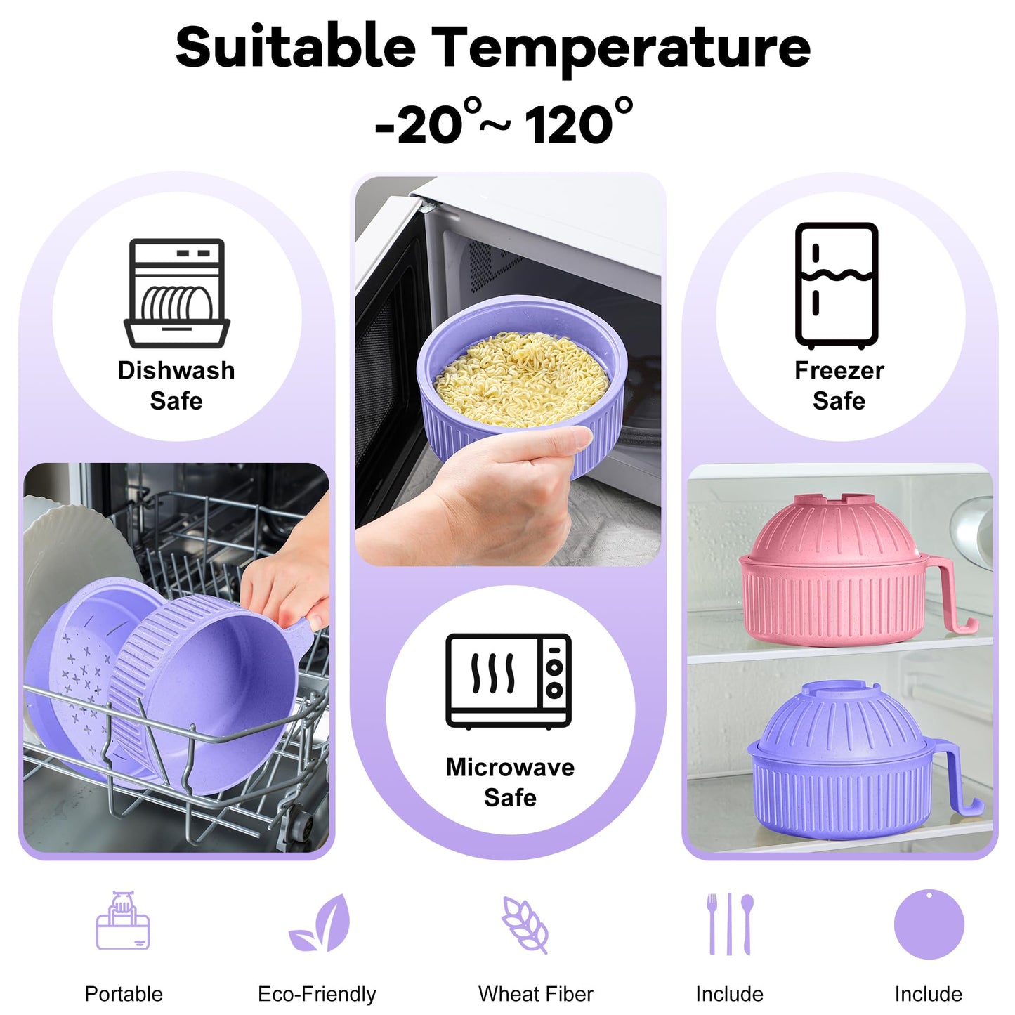 Ramen Bowl with Handles, 2 Set Wheat Fiber Ramen Cooker Microwave with Strainer, 34oz Noodle Bowl with Pot Mat Spoon Chopsticks Fork for Home, School, Office, Dorm, Picnic or Gift