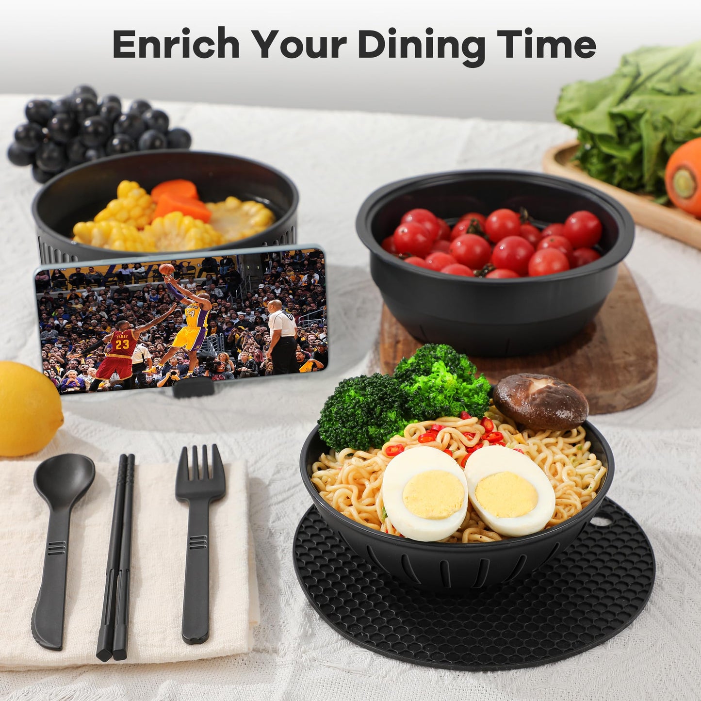 Ramen Bowl with Handles, 2 Set Wheat Fiber Ramen Cooker Microwave with Strainer, 34oz Noodle Bowl with Pot Mat Spoon Chopsticks Fork for Home, School, Office, Dorm, Picnic or Gift