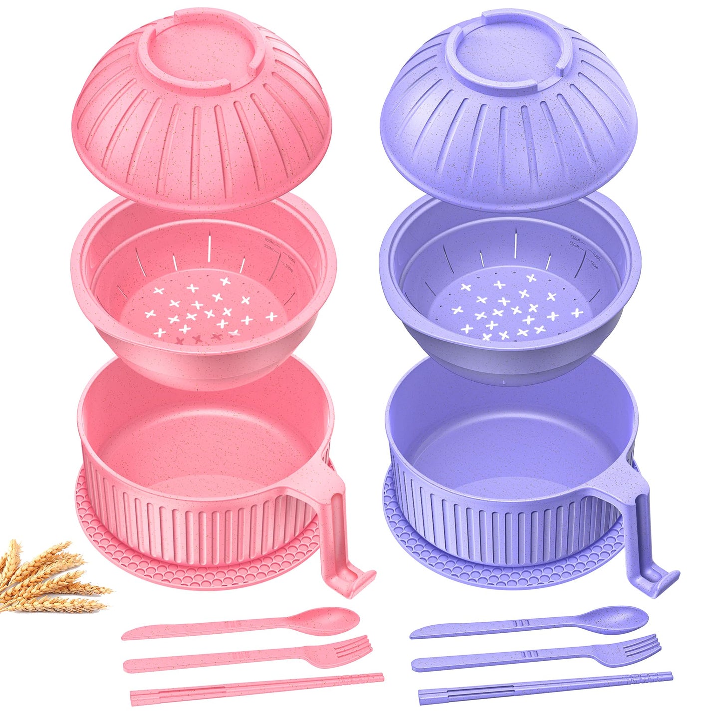 Ramen Bowl with Handles, 2 Set Wheat Fiber Ramen Cooker Microwave with Strainer, 34oz Noodle Bowl with Pot Mat Spoon Chopsticks Fork for Home, School, Office, Dorm, Picnic or Gift