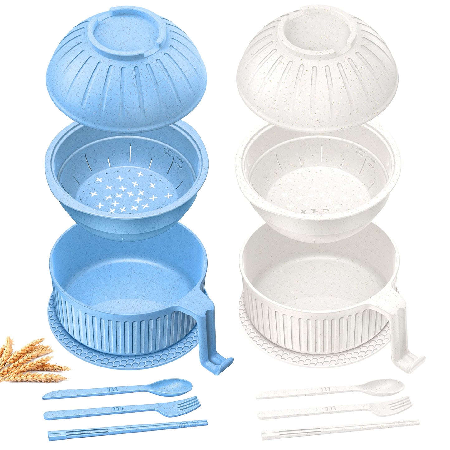 Ramen Bowl with Handles, 2 Set Wheat Fiber Ramen Cooker Microwave with Strainer, 34oz Noodle Bowl with Pot Mat Spoon Chopsticks Fork for Home, School, Office, Dorm, Picnic or Gift