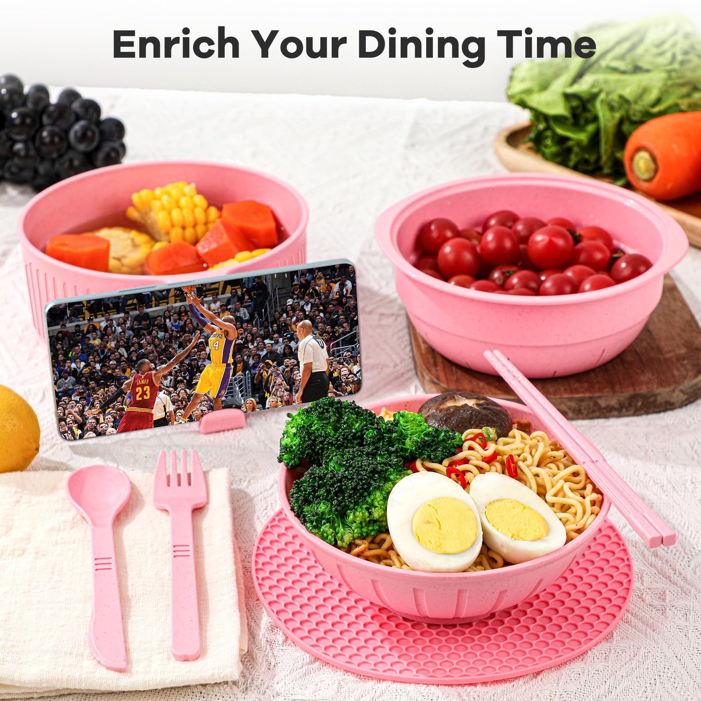 Ramen Bowl with Handles, 2 Set Wheat Fiber Ramen Cooker Microwave with Strainer, 34oz Noodle Bowl with Pot Mat Spoon Chopsticks Fork for Home, School, Office, Dorm, Picnic or Gift