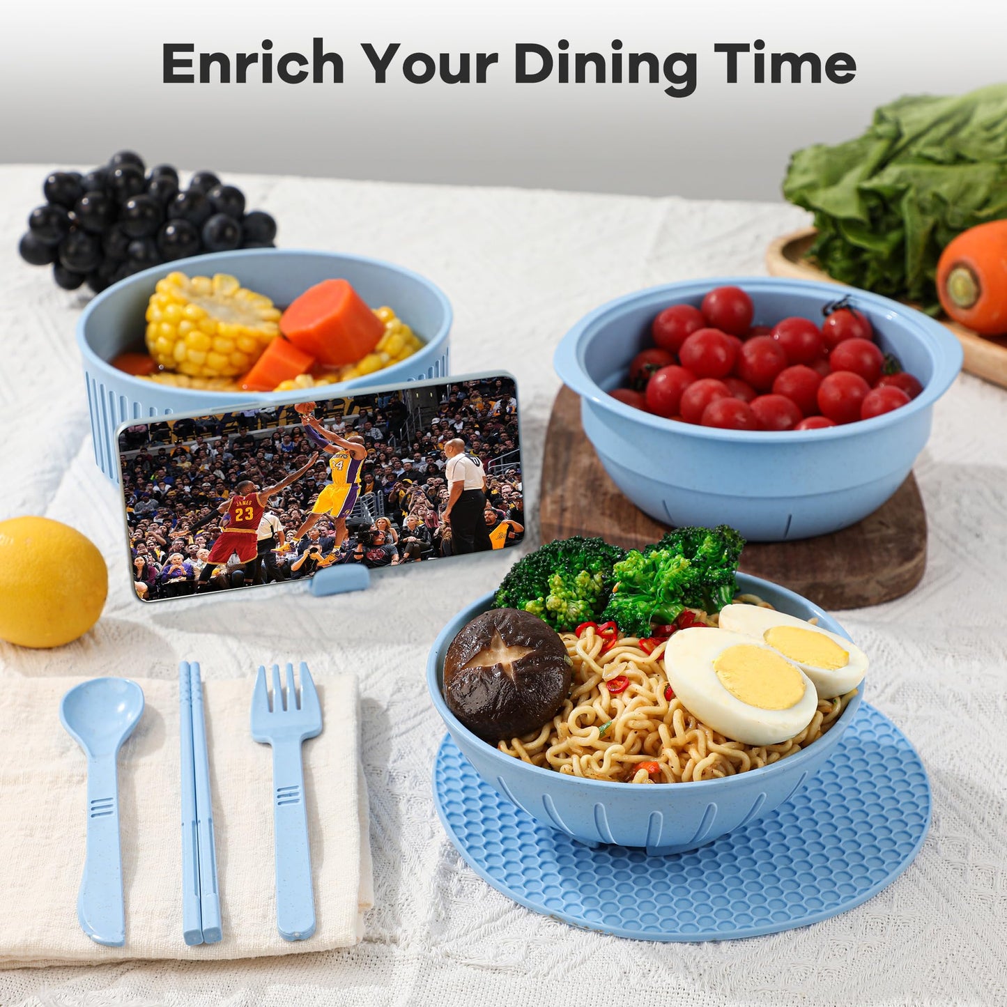 Ramen Bowl with Handles, 2 Set Wheat Fiber Ramen Cooker Microwave with Strainer, 34oz Noodle Bowl with Pot Mat Spoon Chopsticks Fork for Home, School, Office, Dorm, Picnic or Gift