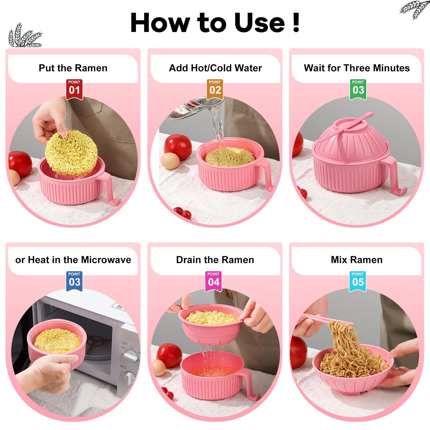 Ramen Bowl with Handles, 2 Set Wheat Fiber Ramen Cooker Microwave with Strainer, 34oz Noodle Bowl with Pot Mat Spoon Chopsticks Fork for Home, School, Office, Dorm, Picnic or Gift
