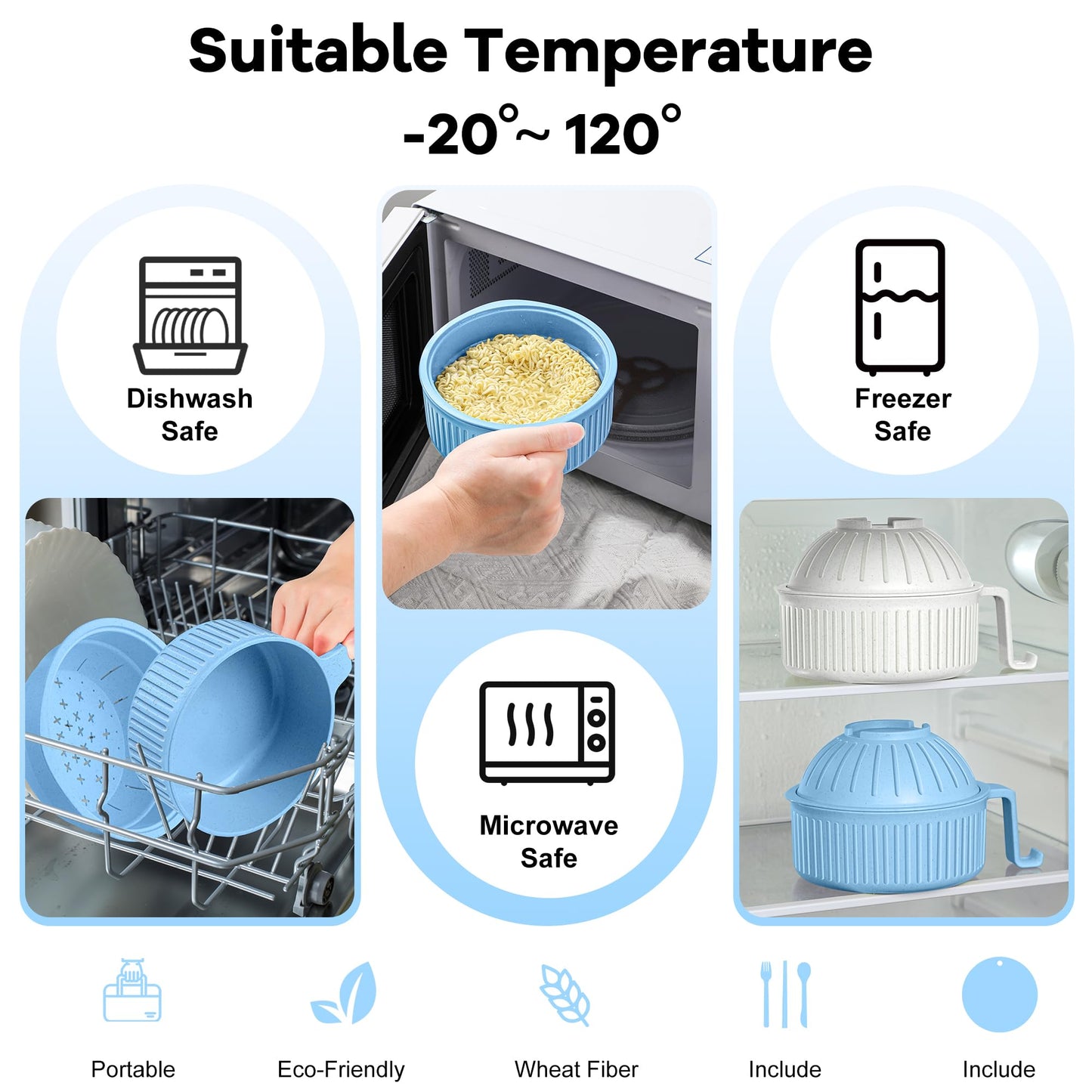 Ramen Bowl with Handles, 2 Set Wheat Fiber Ramen Cooker Microwave with Strainer, 34oz Noodle Bowl with Pot Mat Spoon Chopsticks Fork for Home, School, Office, Dorm, Picnic or Gift