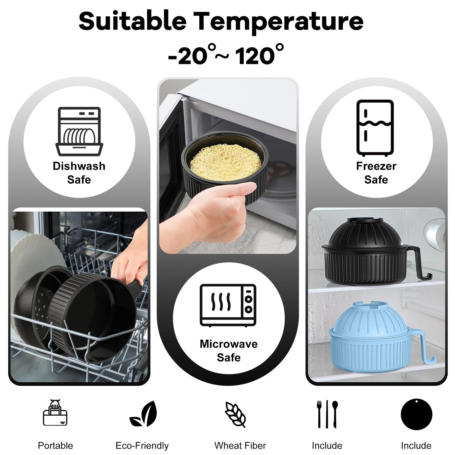 Ramen Bowl with Handles, 2 Set Wheat Fiber Ramen Cooker Microwave with Strainer, 34oz Noodle Bowl with Pot Mat Spoon Chopsticks Fork for Home, School, Office, Dorm, Picnic or Gift