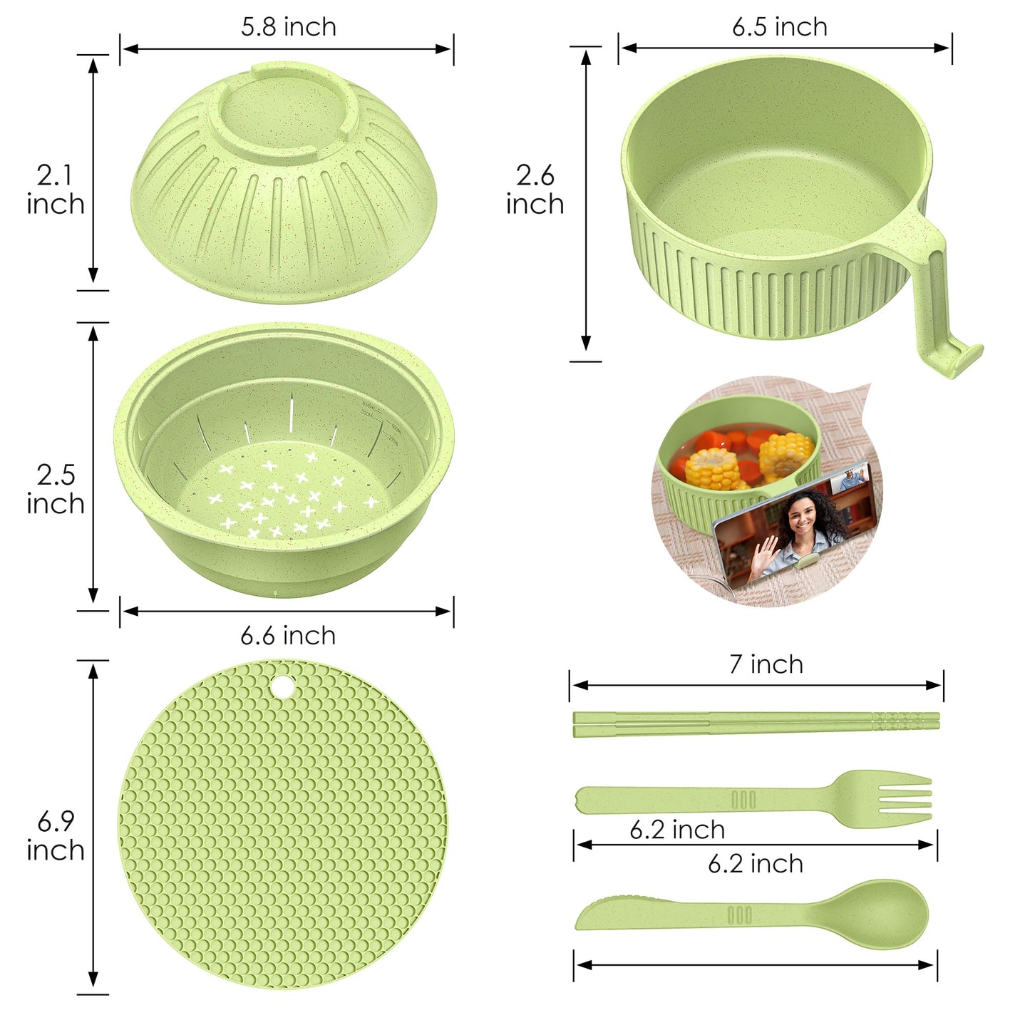 Ramen Bowl with Handles, 2 Set Wheat Fiber Ramen Cooker Microwave with Strainer, 34oz Noodle Bowl with Pot Mat Spoon Chopsticks Fork for Home, School, Office, Dorm, Picnic or Gift