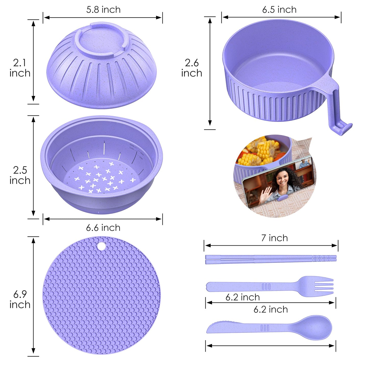 Ramen Bowl with Handles, 2 Set Wheat Fiber Ramen Cooker Microwave with Strainer, 34oz Noodle Bowl with Pot Mat Spoon Chopsticks Fork for Home, School, Office, Dorm, Picnic or Gift