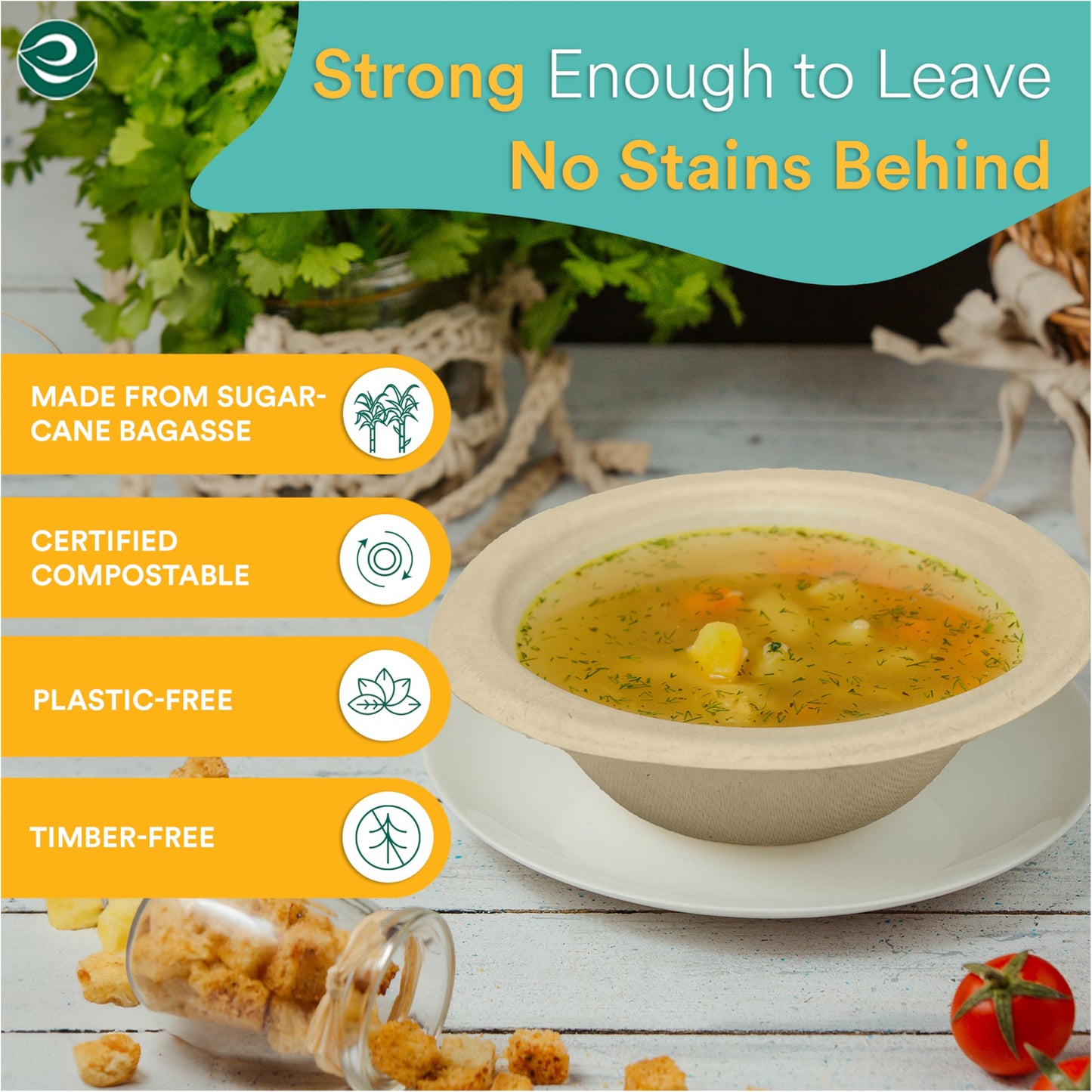 ECO SOUL 100% Compostable 16 Oz Soup Bowls [100-Pack] Disposable dessert bowls I Heavy duty paper bowl I Eco-friendly salad bowl I Biodegradable large Bowls