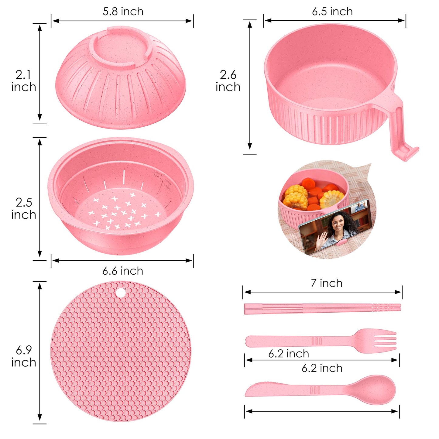 Ramen Bowl with Handles, 2 Set Wheat Fiber Ramen Cooker Microwave with Strainer, 34oz Noodle Bowl with Pot Mat Spoon Chopsticks Fork for Home, School, Office, Dorm, Picnic or Gift