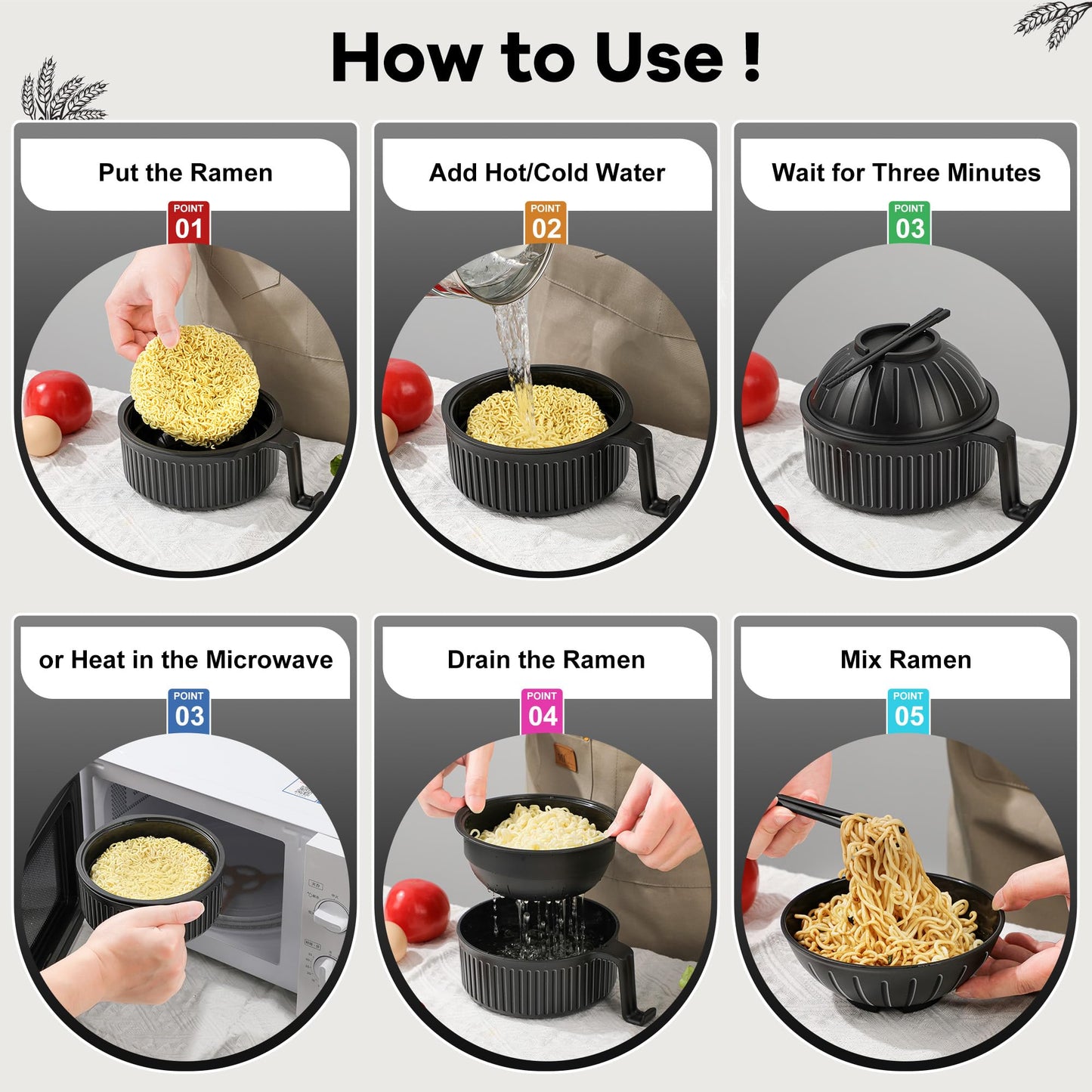 Ramen Bowl with Handles, 2 Set Wheat Fiber Ramen Cooker Microwave with Strainer, 34oz Noodle Bowl with Pot Mat Spoon Chopsticks Fork for Home, School, Office, Dorm, Picnic or Gift