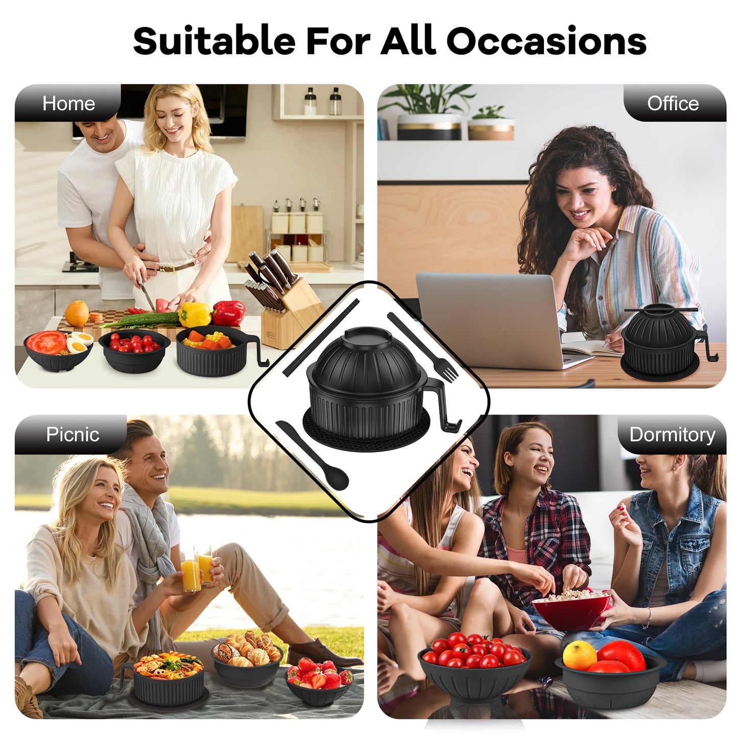 Ramen Bowl with Handles, 2 Set Wheat Fiber Ramen Cooker Microwave with Strainer, 34oz Noodle Bowl with Pot Mat Spoon Chopsticks Fork for Home, School, Office, Dorm, Picnic or Gift