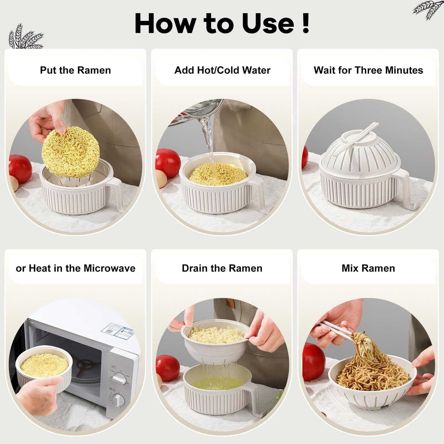 Ramen Bowl with Handles, 2 Set Wheat Fiber Ramen Cooker Microwave with Strainer, 34oz Noodle Bowl with Pot Mat Spoon Chopsticks Fork for Home, School, Office, Dorm, Picnic or Gift