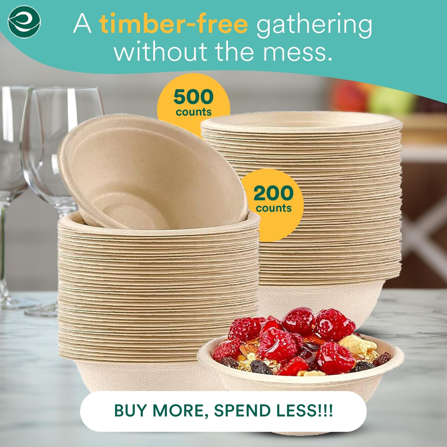 ECO SOUL 100% Compostable 16 Oz Soup Bowls [100-Pack] Disposable dessert bowls I Heavy duty paper bowl I Eco-friendly salad bowl I Biodegradable large Bowls