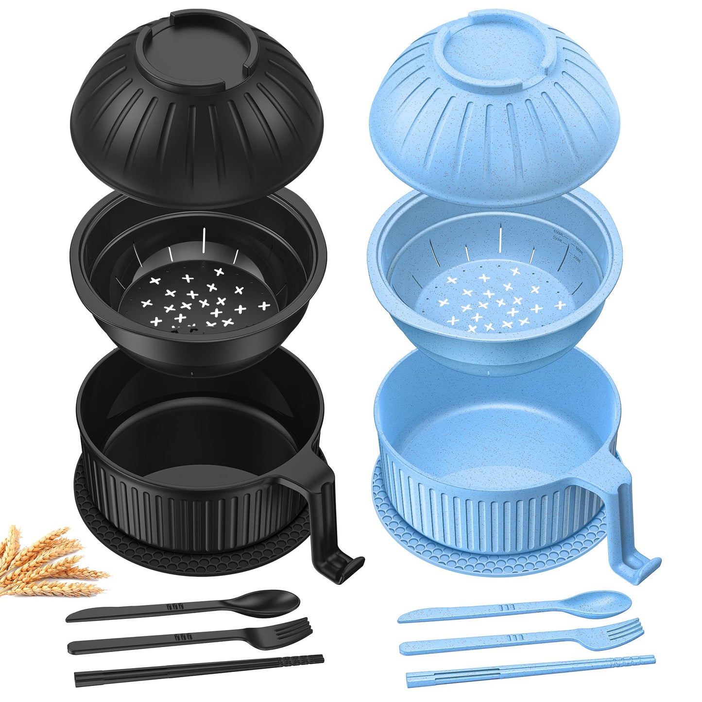 Ramen Bowl with Handles, 2 Set Wheat Fiber Ramen Cooker Microwave with Strainer, 34oz Noodle Bowl with Pot Mat Spoon Chopsticks Fork for Home, School, Office, Dorm, Picnic or Gift